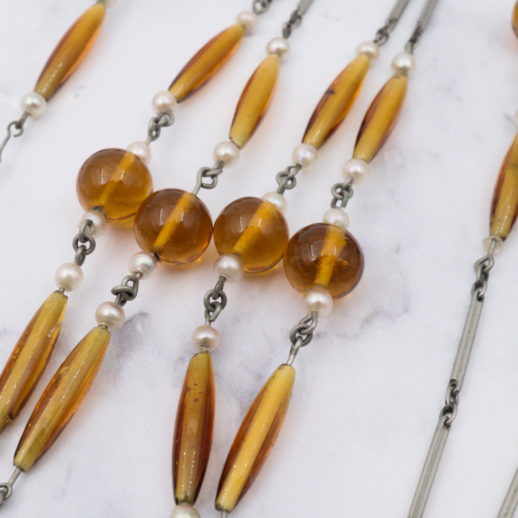 Antique German art deco sterling, amber glass & pearl necklace, 29"